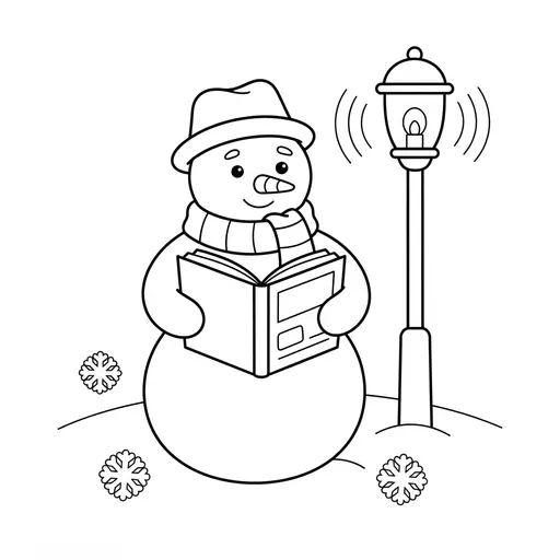 Snowman Coloring Page — Reading by a Lamp Post