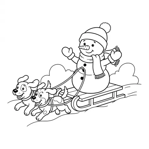 Snowman Coloring Page — Riding a Sled Pulled by Dogs