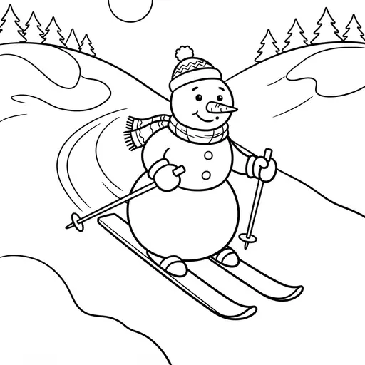 Snowman Coloring Page — Skiing Down a Mountain