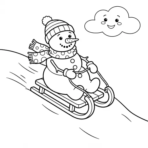 Easy Snowman Coloring Page — Sledding Down a Snowy Hill