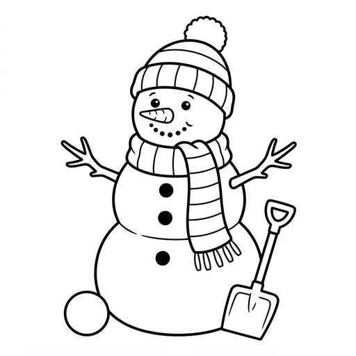Snowman Coloring Page — With Hat and Shovel