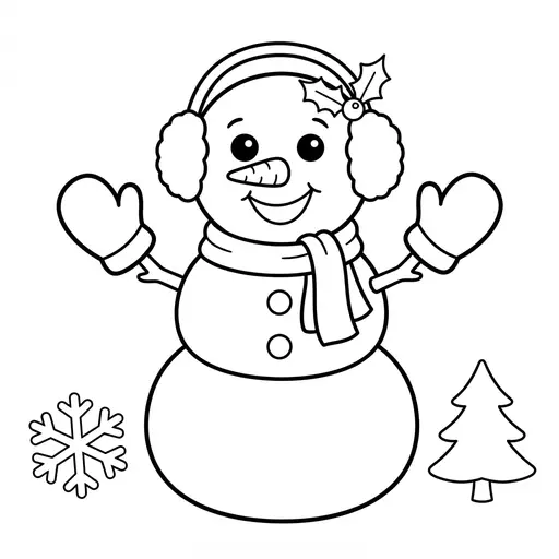 Easy Snowman Coloring Page — Wearing Earmuffs and Mittens