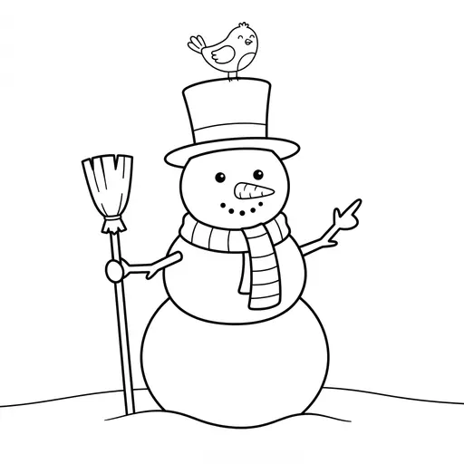 Easy Snowman Coloring Page — With a Bird on Its Hat