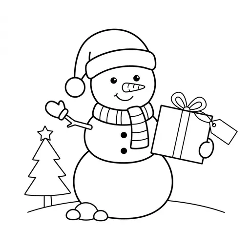 Easy Snowman Coloring Page — Wearing a Santa Hat and Holding a Present
