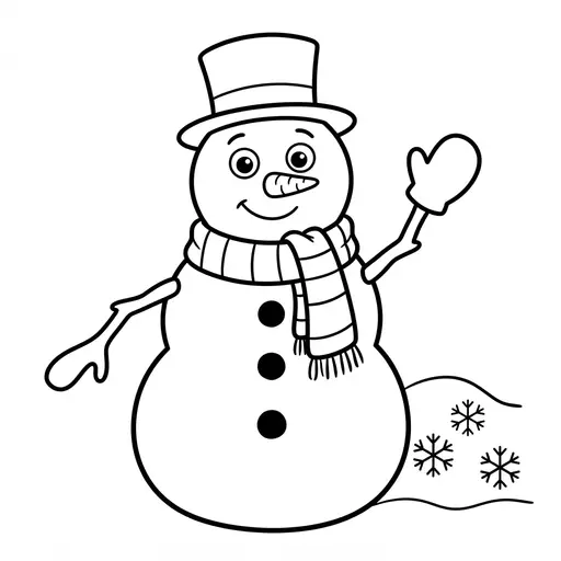 Easy Snowman Coloring Page — With a Scarf and Stick Arms Waving