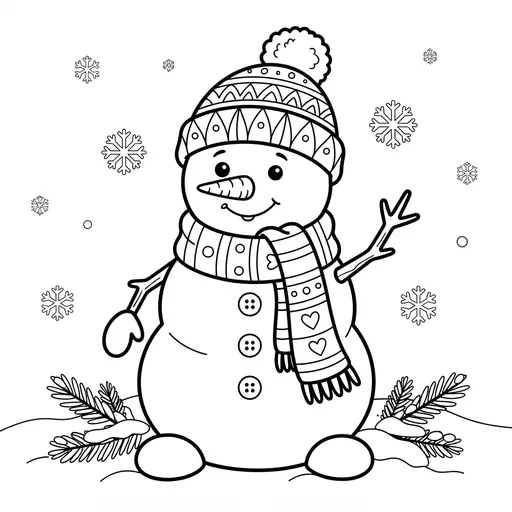 Snowman Coloring Page for Adults — With Patterned Scarf and Winter Hat