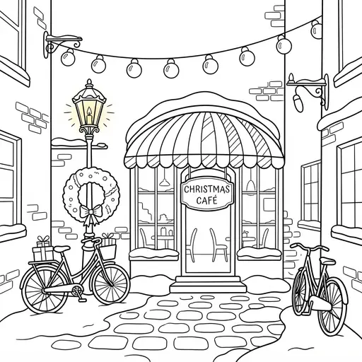 Christmas Cafe Coloring Page for Adults — Snowy Alley With Bicycles And Lights