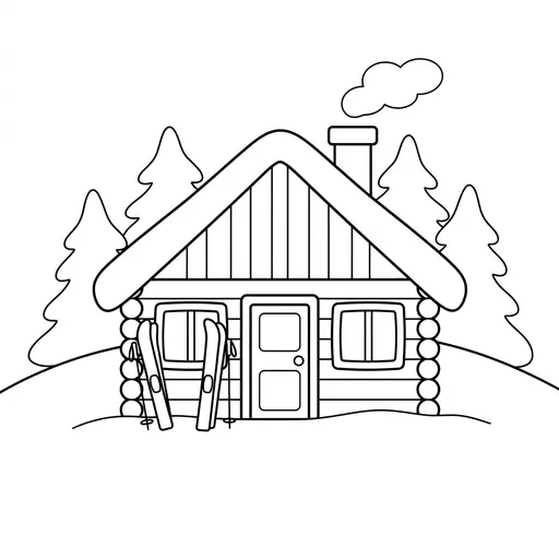 Cabin Coloring Page — Snowy Mountain View With Skis