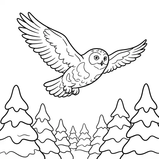Snowy Owl Coloring Page — Flying Over Winter Trees