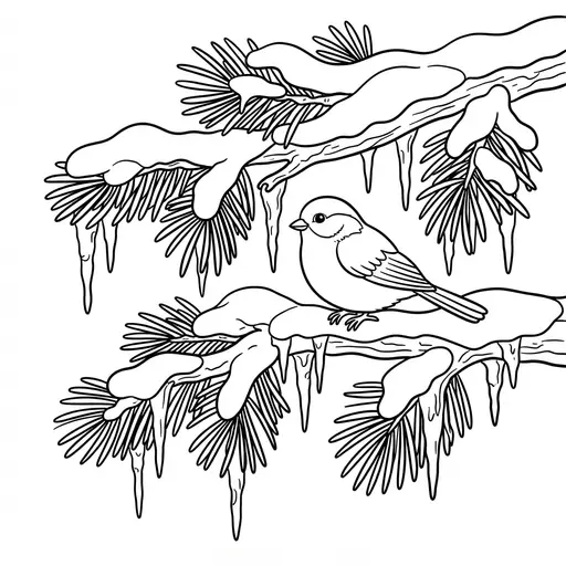 Bird Coloring Page for Adults — On Snowy Pine Branch With Icicles