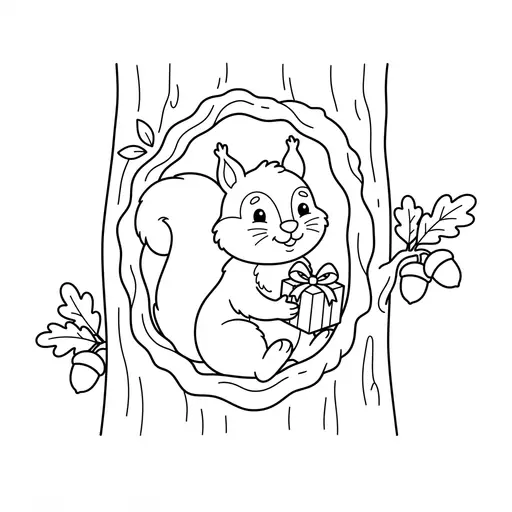Squirrel Coloring Page — Holding a Present in a Tree Hollow