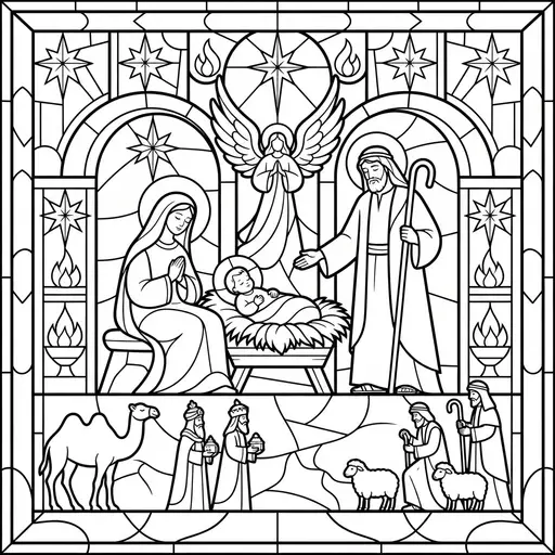 Nativity Coloring Page for Adults — Stained Glass Window Design
