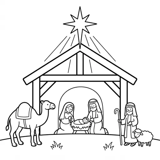 Easy Nativity Coloring Page — Star Shining Over a Stable