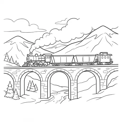 Train Coloring Page for Adults — Crossing Stone Viaduct in Snowy Mountains