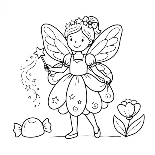 Fairy Coloring Page — Holding a Magic Wand