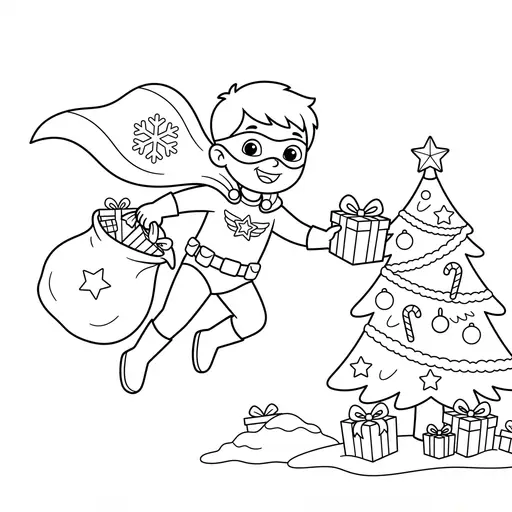 Superhero Coloring Page — Flying with Christmas Presents