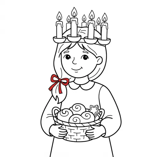 Santa Lucia Coloring Page — Wearing Candle Crown and Holding Basket