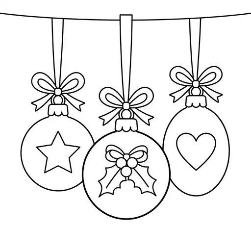 Easy Christmas Bauble Coloring Page — Three Ornaments Hanging on Ribbons