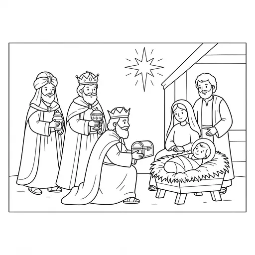 Nativity Coloring Page — Wise Men Bringing Gifts