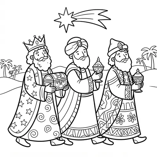 Nativity Coloring Page for Adults — Wise Men in Patterned Robes