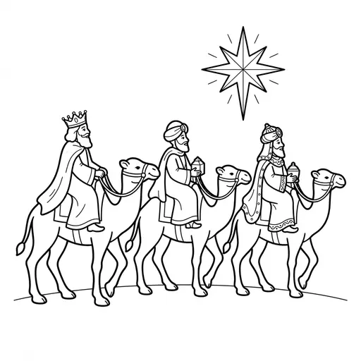 Nativity Coloring Page — Wise Men on Camels Following Star