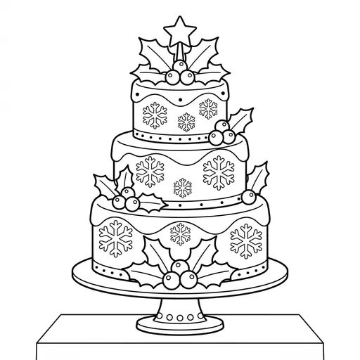 Christmas Cake Coloring Page for Adults — Tiered Cake with Holly and Snowflakes