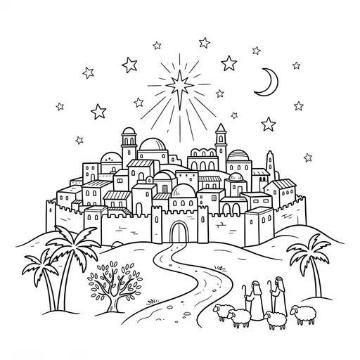 Bethlehem Coloring Page for Adults — Under a Starry Sky
