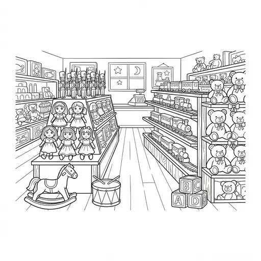 Toy Shop Coloring Page for Adults — Interior with Shelves and Toys