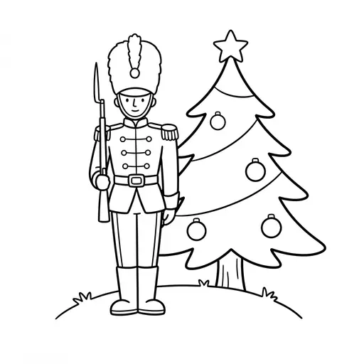 Easy Toy Soldier Coloring Page — Standing by Christmas Tree