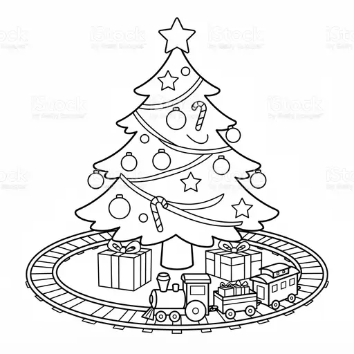 Christmas Tree Coloring Page — With Toy Train Set and Gifts
