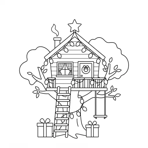 Treehouse Coloring Page — Decorated with Christmas Lights