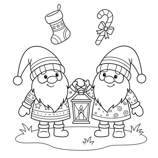 Gnome Coloring Page — Holding a Lantern Together