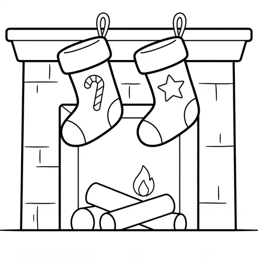 Easy Stocking Coloring Page — Hanging on a Fireplace