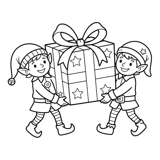 Elf Coloring Page — Carrying a Huge Present