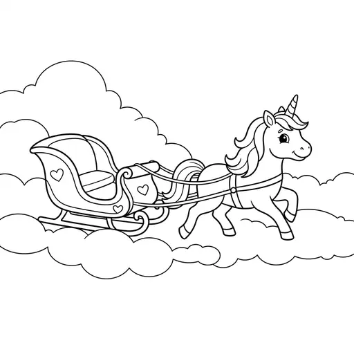 Unicorn Coloring Page — Pulling a Sleigh Through Clouds