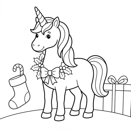 Easy Unicorn Coloring Page — Wearing a Holly Wreath