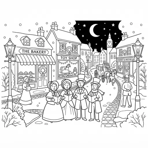 Caroler Coloring Page for Adults — Singing on a Snowy Victorian Street