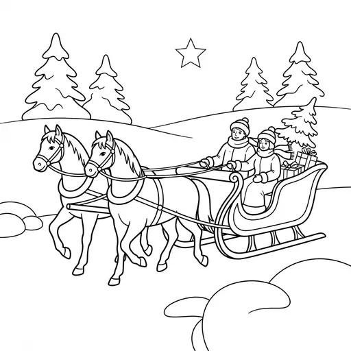 Sleigh Coloring Page for Adults — Pulled by Horses in the Snow