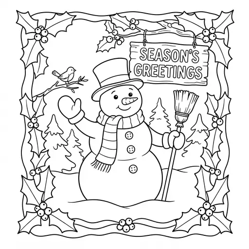 Snowman Coloring Page for Adults — Wearing Top Hat and Scarf