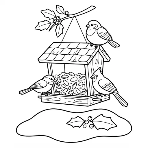 Bird Feeder Coloring Page — With Small Birds and Snow