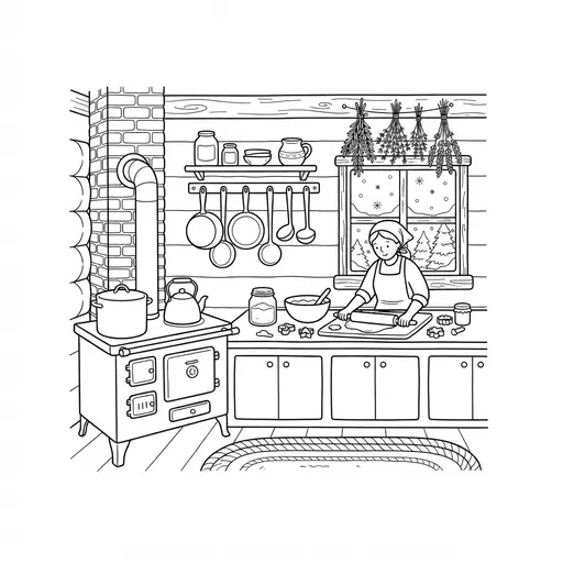 Woman Coloring Page for Adults — Baking in a Rustic Kitchen