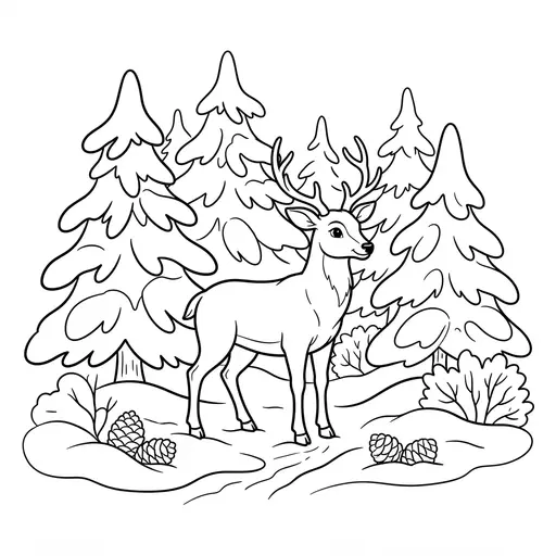 Deer Coloring Page for Adults — Standing in a Snowy Forest