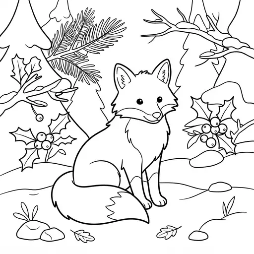 Fox Coloring Page for Adults — Sitting Among Pine Branches