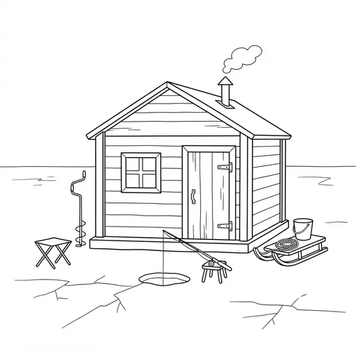 Ice Fishing Coloring Page — Hut on a Frozen Lake