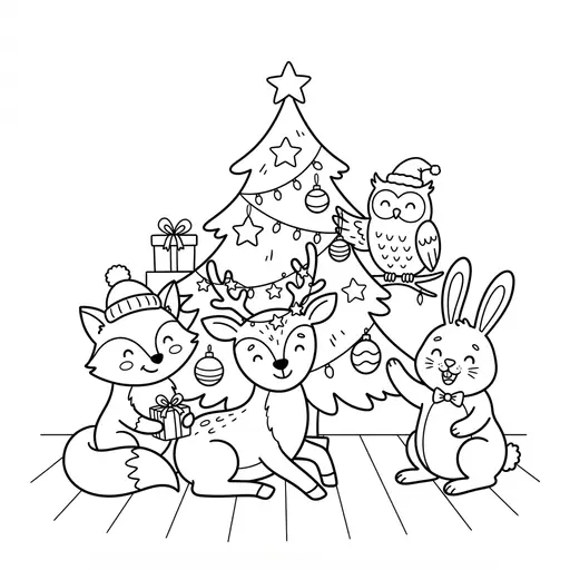 Christmas Tree Coloring Page — Surrounded by Woodland Animals