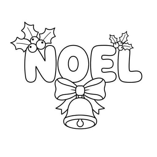 Noel Coloring Page — Big Bubble Letters Decorated With Holly