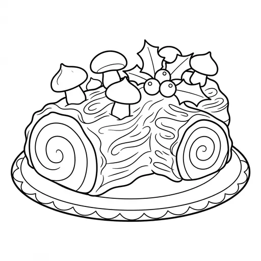Yule Log Coloring Page — Cake With Mushrooms and Holly