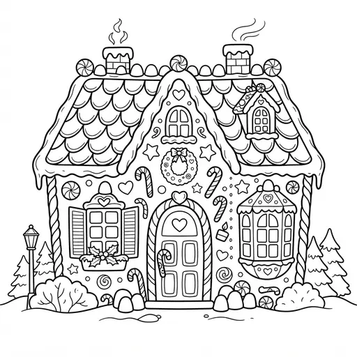 Gingerbread House Coloring Page for Adults — With Frosted Roof and Candy Cane Details