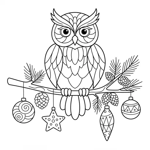 Owl Coloring Page for Adults — Perched on a Decorated Pine Branch