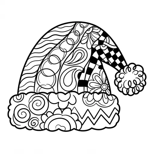 Santa Hat Coloring Page for Adults — Decorated With Bold Zentangle Patterns